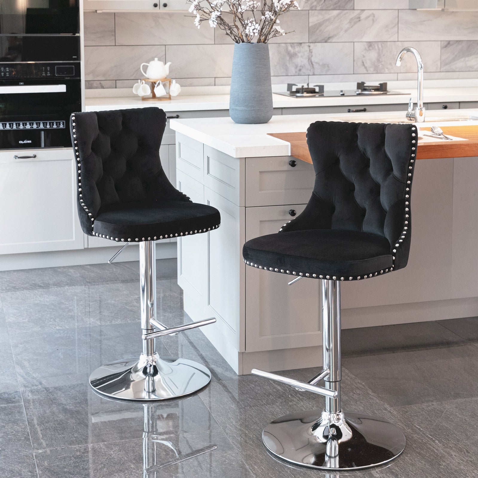 A&A Furniture Modern Swivel Velvet Barstools with Adjustable Height and Chrome Base, Black, Set of 2 - Grand Goldman Shop