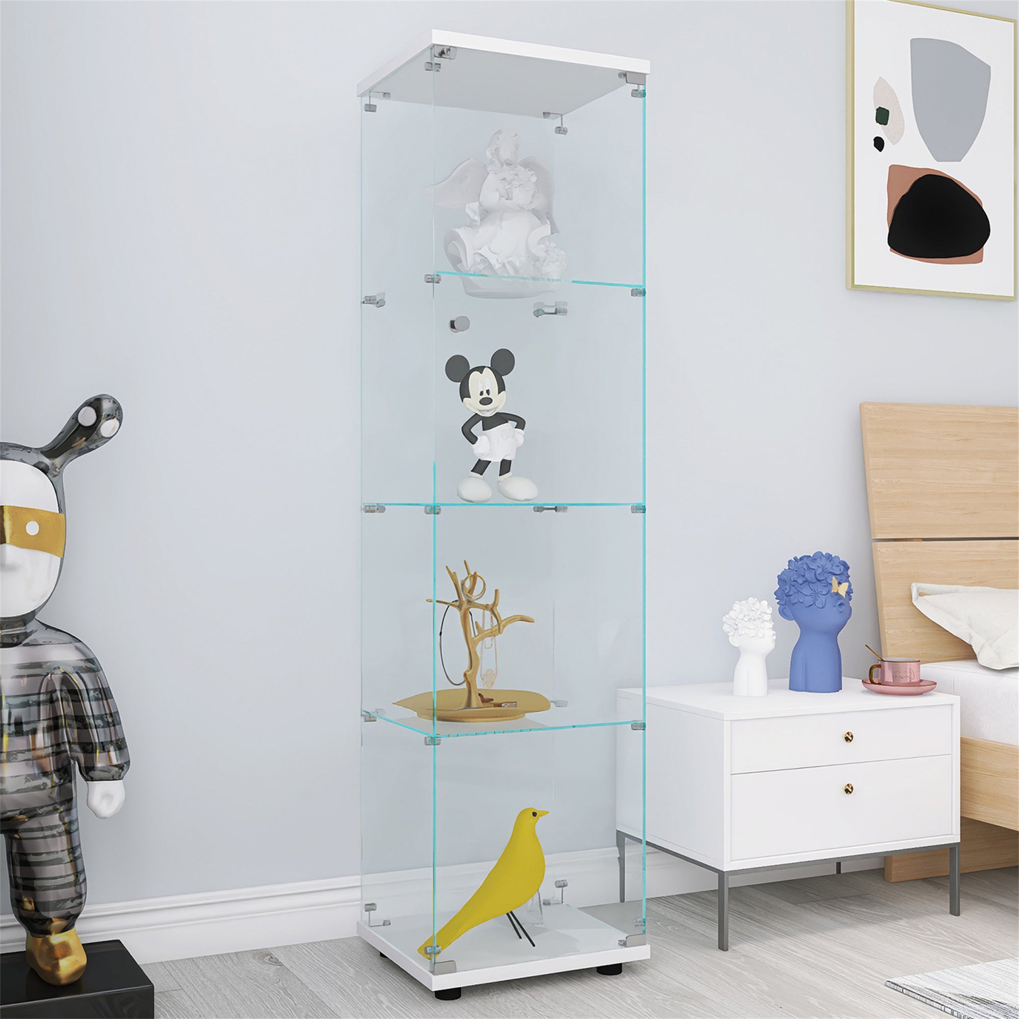 4 Shelves Glass Cabinet Glass Display Cabinet with One Door, White - Grand Goldman Shop