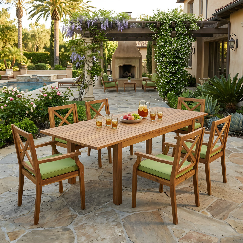 7-teiliges Akazienholz-Essgarnitur für den Außenbereich mit grünen Polstern, modernes Set mit 6 Stühlen und 1 großem Tisch, Essmöbel-Set für Rasen, Garten, Terrasse, Pool, Teak