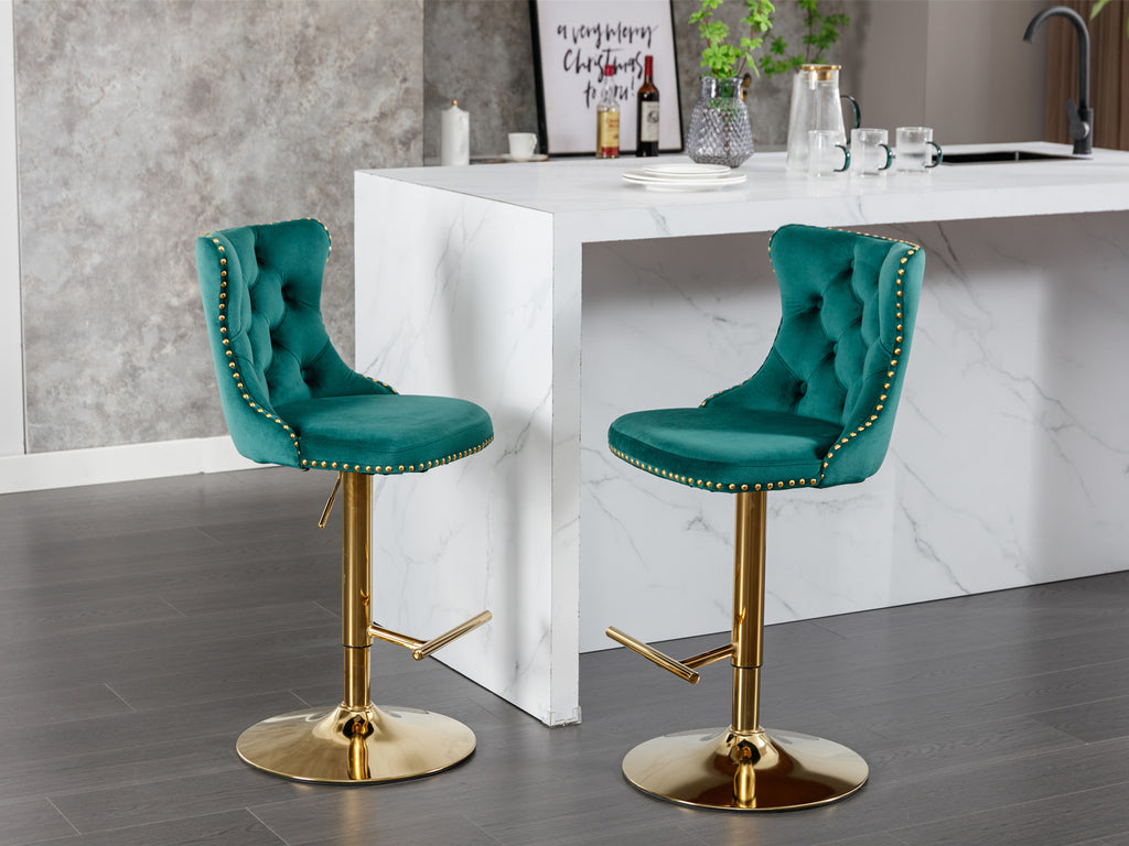 A&A Furniture,Golden Swivel Velvet Barstools Adjusatble Seat Height from 25-33 Inch, Modern Upholstered Bar Stools with Backs Comfortable Tufted for Home Pub and Kitchen Island（Green,Set of 2） - Grand Goldman Shop