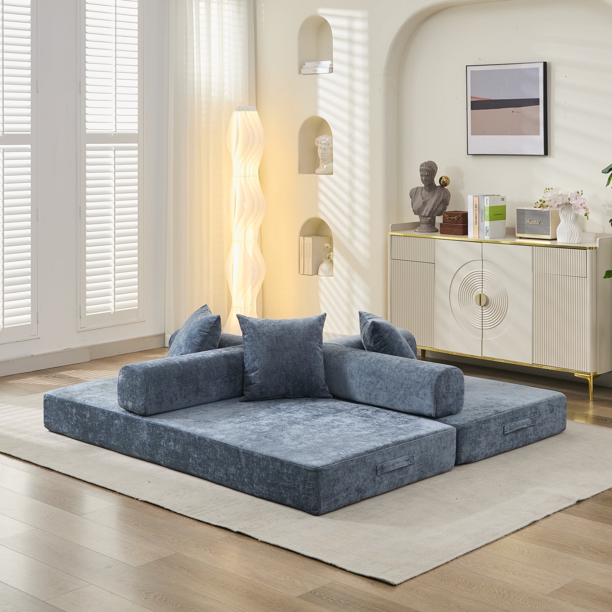 Comfy Convertible Folding Mattress Couch, Floor Sofa Bed, Chenille Floor Sofa with Armrest, Floor Sofa Lounge Couch for Living Room Bedroom Lounge Studio-Blue - Grand Goldman Shop