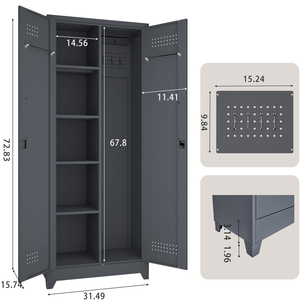 Gray And White Color Metal Lockers, Cleaning Tool Cabinets With Locking Doors, High Broom Tool Storage Cabinets, Adjustable S