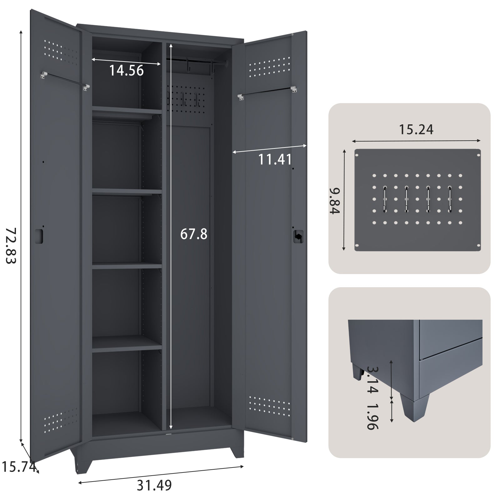 Gray And White Color Metal Lockers, Cleaning Tool Cabinets With Locking Doors, High Broom Tool Storage Cabinets, Adjustable S