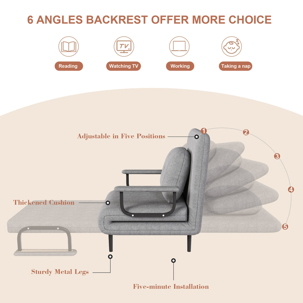 Folding Sofa Bed 5-in-1 Convertible Chair with Adjustable Backrest and Pillow, Grey Flannelette, Compact Design - Grand Goldman Shop