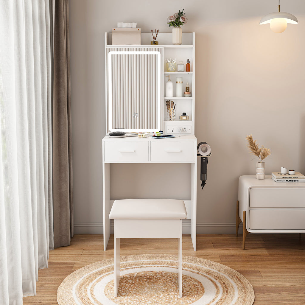 Space-Saving White Makeup Vanity Desk with Mirror & Adjustable LED Lights, Built-in Power Outlet, Hidden Storage, Includes Stool & Shelf - Grand Goldman Shop