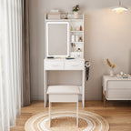 Space-Saving White Makeup Vanity Desk with Mirror & Adjustable LED Lights, Built-in Power Outlet, Hidden Storage, Includes Stool & Shelf - Grand Goldman Shop