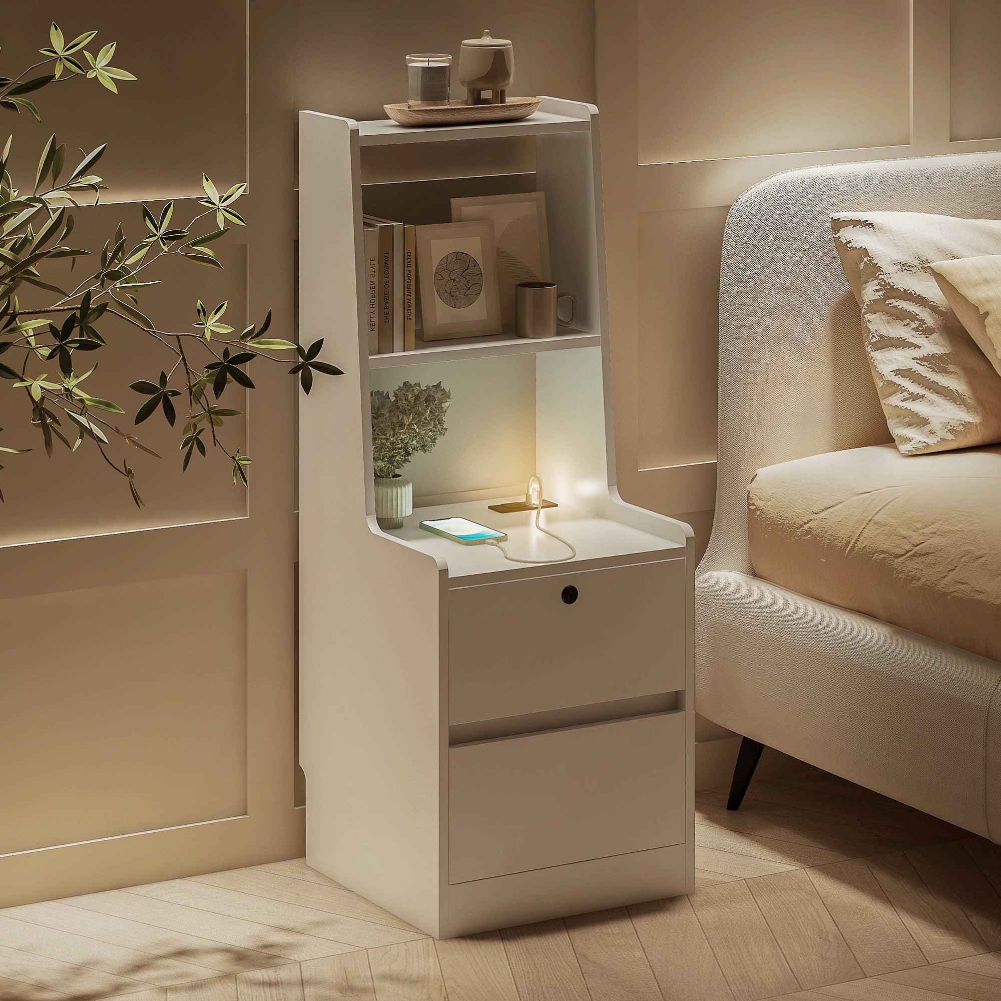 Nightstand with Charging Station, Smart Nightstand with Night Light, Modern Night Stand with Bookshelf, Bedside Tables with Storage Cabinet for Bedroom, White - Grand Goldman Shop