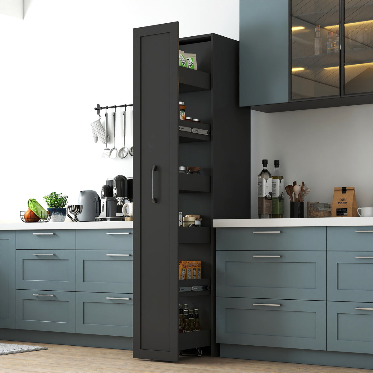 BLACK ,Large, Slim Storage Cart, Kitchen Rolling Cart, Narrow Storage Cabinet with Handle & Wheels, Wood Spice Rack Next to Fridge, Pantry Shelf for Kitchen, Small Spaces - Grand Goldman Shop