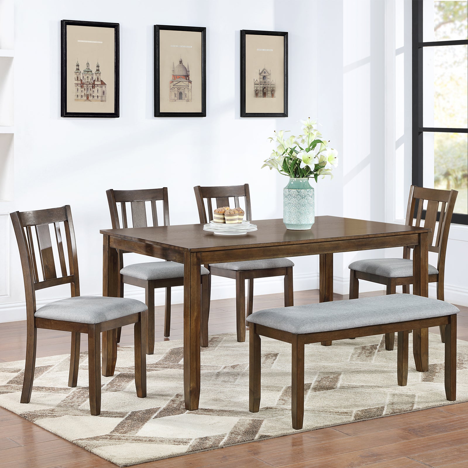 6PCs Kitchen Dining Set, Rectangular Wooden Dining Table with 4 Upholstered Chairs and a Bench, Dining Table Set for 6 People, Living Room, Home Bar and Kitchen, Walnut - Grand Goldman Shop