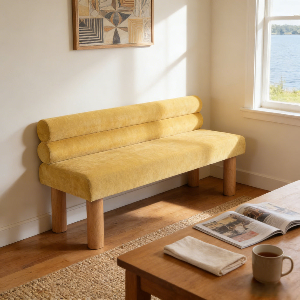 Upholstered Dining Bench, End of Bed, Entryway Bench, Ottoman for Dining Room, Bedroom, Living Room, Rubber Wood Leg 300 LBS Support, Yellow - Grand Goldman Shop