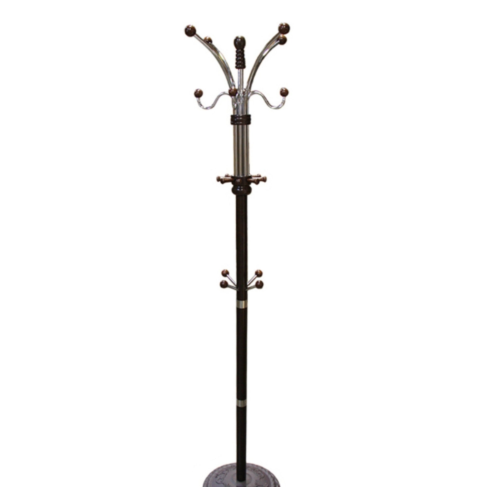 73' Tall Chrome and Wood Coat Rack, Espresso finish - Grand Goldman Shop