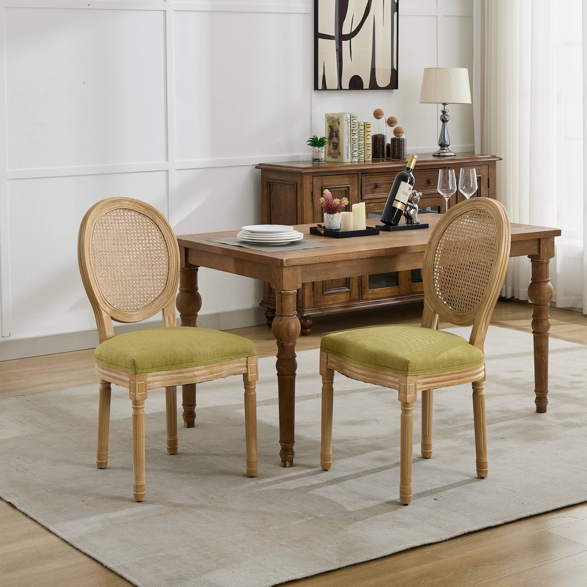 A&A Furniture,French Style Solid Wood Frame Antique Painting Linen Fabric Rattan Back Dining Chair,Set of 2,Olive-Green - Grand Goldman Shop