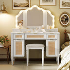 44.37 ' Makeup Vanity Desk with 13 Hollywood Bulbs and 3 Lighting Modes, Dressing Table with Tri-Fold Mirror   Large Vanity Table with 5 Drawers and Shelves and  Charging Station for Bedroom, White - Grand Goldman Shop