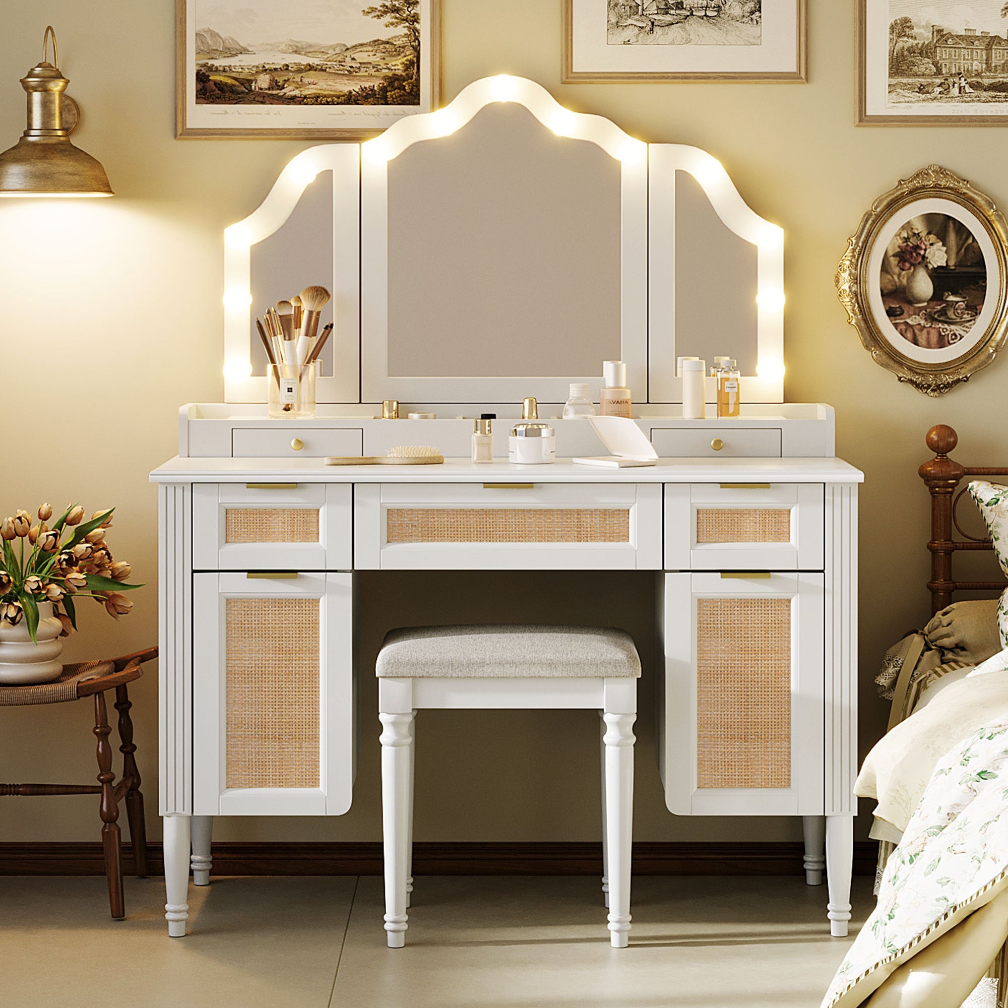 44.37 ' Makeup Vanity Desk with 13 Hollywood Bulbs and 3 Lighting Modes, Dressing Table with Tri-Fold Mirror   Large Vanity Table with 5 Drawers and Shelves and  Charging Station for Bedroom, White - Grand Goldman Shop