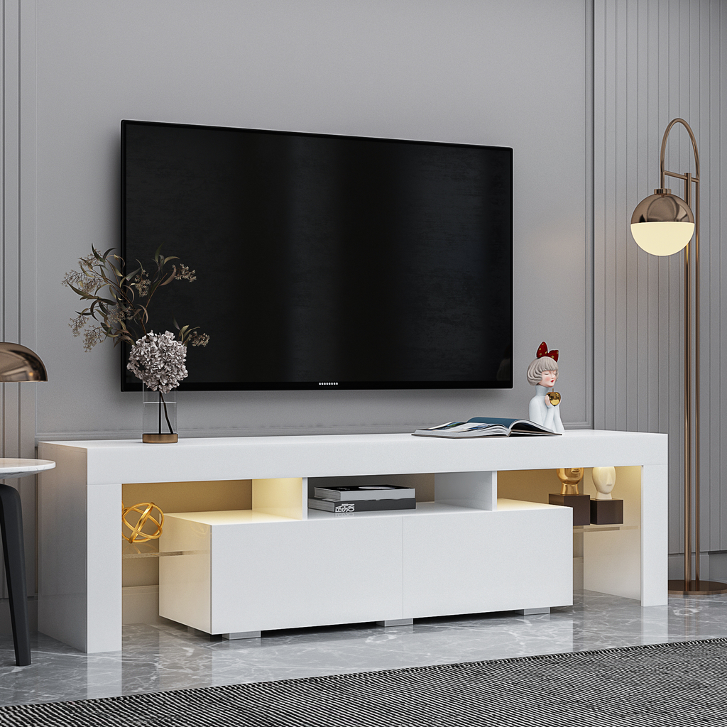 Modern White TV Stand, 20 Colors LED TV Stand w/Remote Control Lights - Grand Goldman Shop