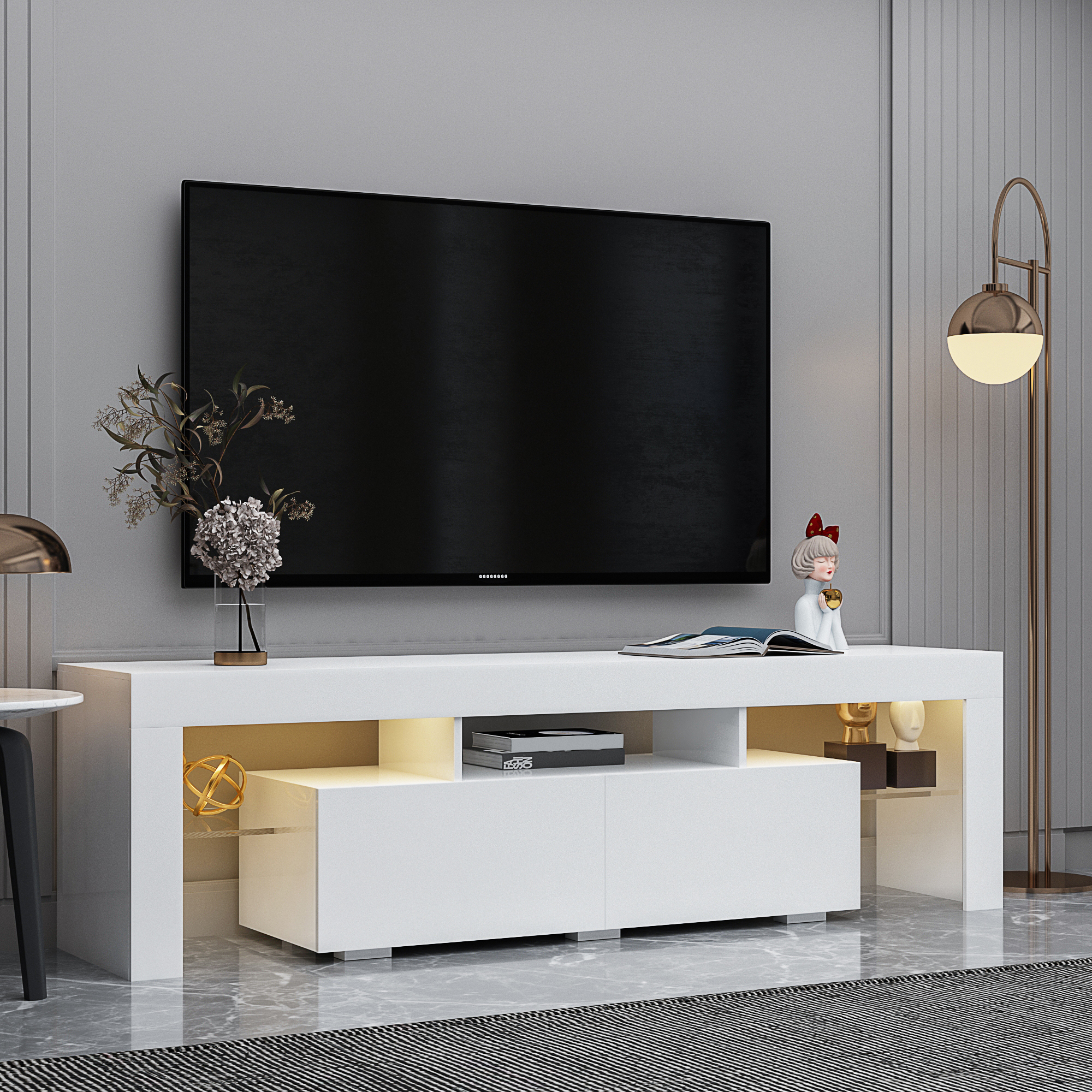 Modern White TV Stand, 20 Colors LED TV Stand w/Remote Control Lights - Grand Goldman Shop