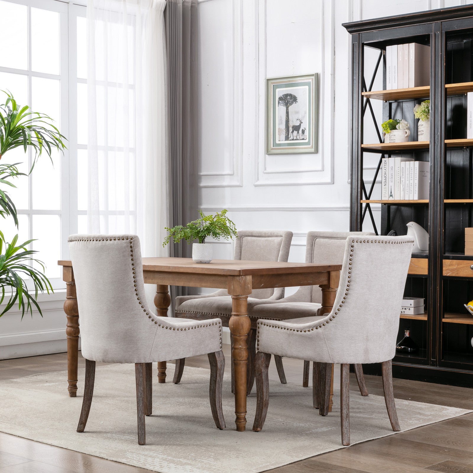 A&A Furniture Ultra Side Dining Chair with Thickened Fabric and Bronze Nail Head, Beige, Set of 2 - Grand Goldman Shop