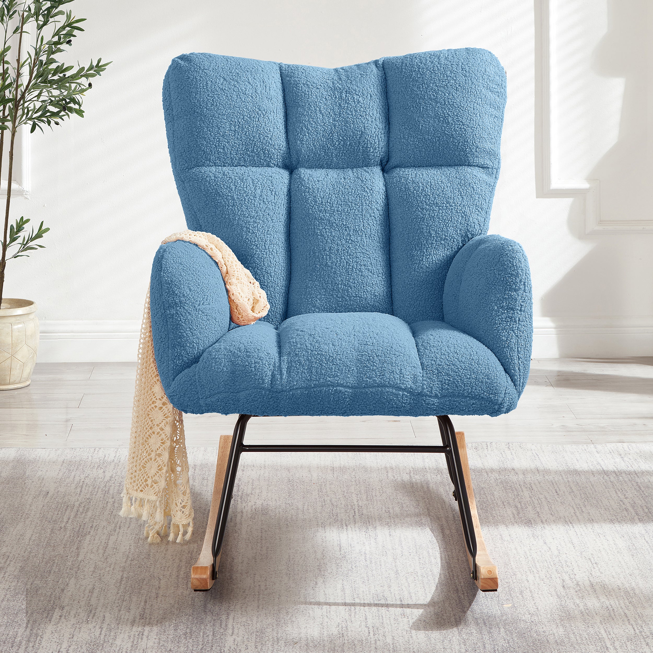 Glider Chair for Living Room Tufted Upholstered Teddy Fabric Rocking Chair with Metal Frame Accent Chair Blue - Grand Goldman Shop