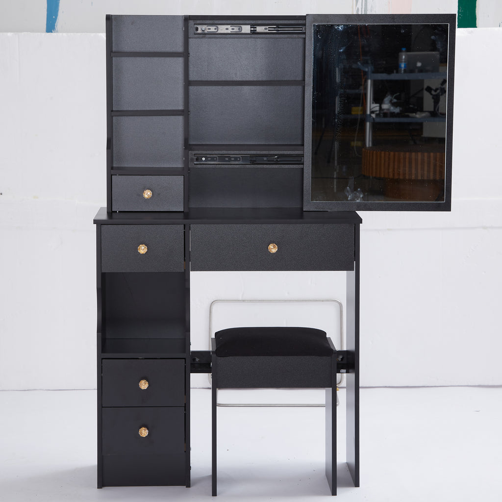 29.2' Small Space Left Drawer Desktop Vanity Table + Cushioned Stool, Extra Large Right sliding mirror, Multi Layer High Capacity Storage, Practical Fashionable Dresser, EPA, GCC, UL Certificate - Grand Goldman Shop