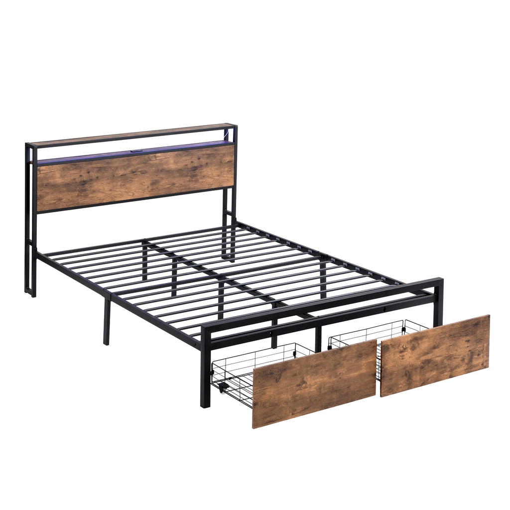 Full Size Bed Frame with Storage Headboard and 2 Drawers, LED Lights Bed with Charging Station, Metal Platform Bed No Noise, Mattress Foundation Strong Metal Slats Support No Box Spring Needed - Grand Goldman Shop