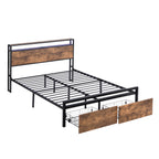 Full Size Bed Frame with Storage Headboard and 2 Drawers, LED Lights Bed with Charging Station, Metal Platform Bed No Noise, Mattress Foundation Strong Metal Slats Support No Box Spring Needed - Grand Goldman Shop