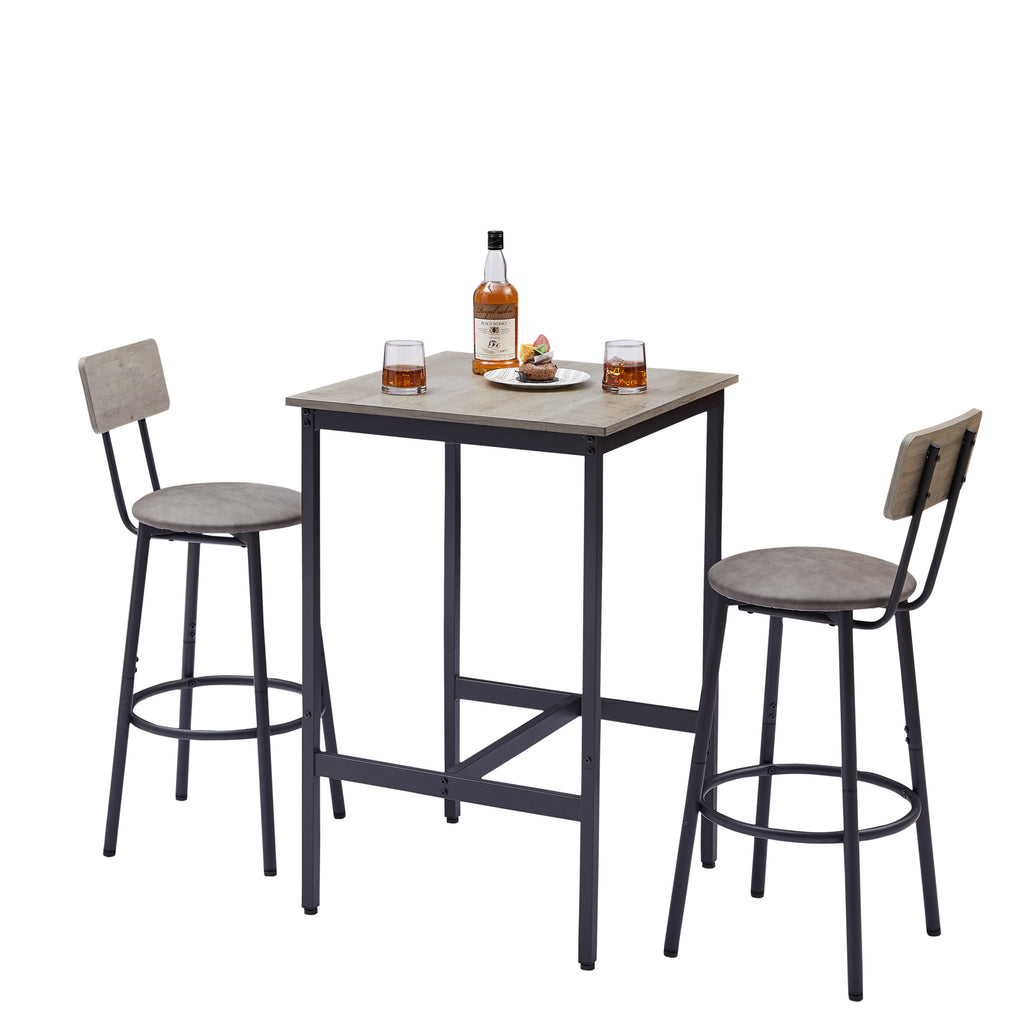 Bar Table Set with 2 Bar stools PU Soft seat with backrest, Grey, 23.62'' W x 23.62'' D x 35.43'' H - Grand Goldman Shop