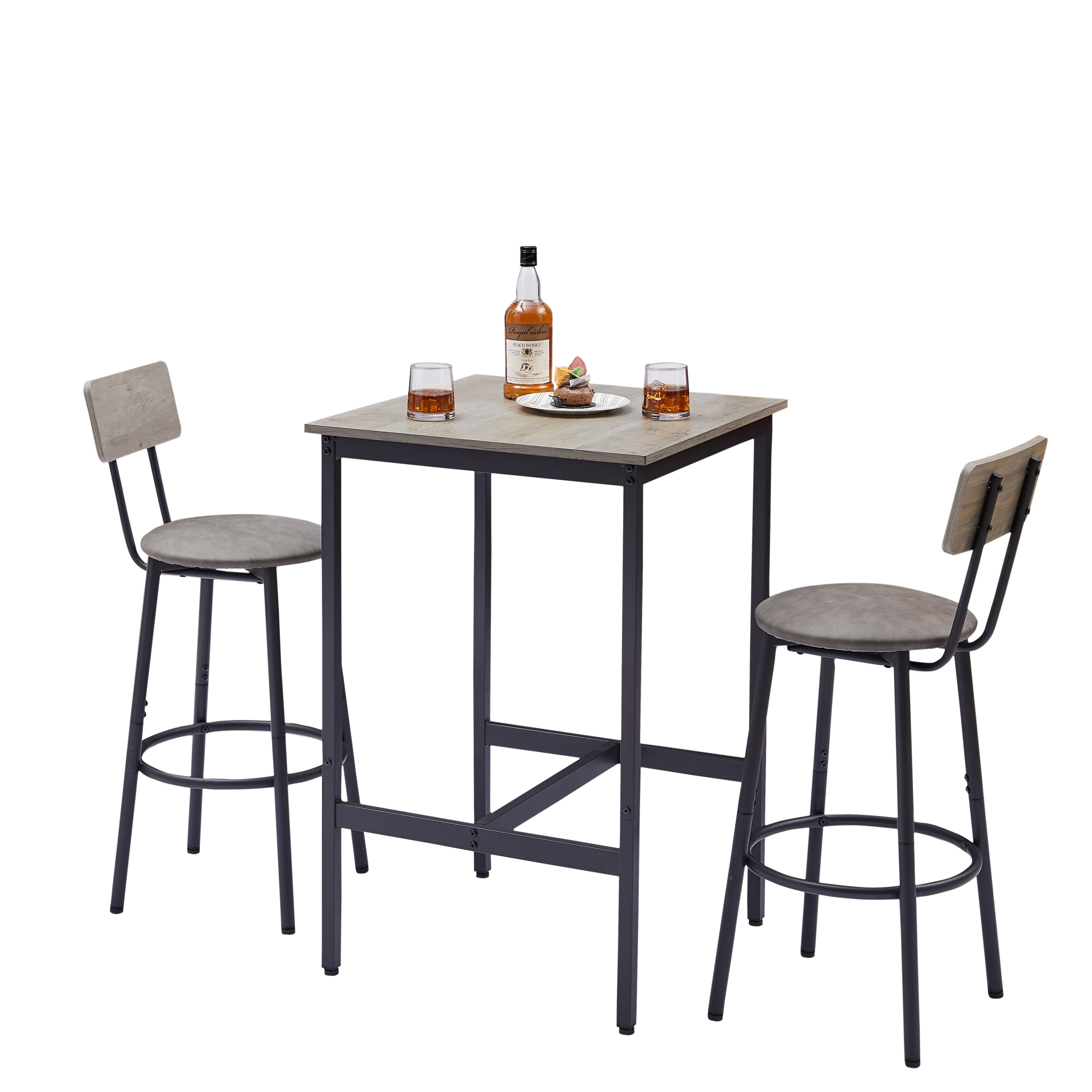 Bar Table Set with 2 Bar stools PU Soft seat with backrest, Grey, 23.62'' W x 23.62'' D x 35.43'' H - Grand Goldman Shop