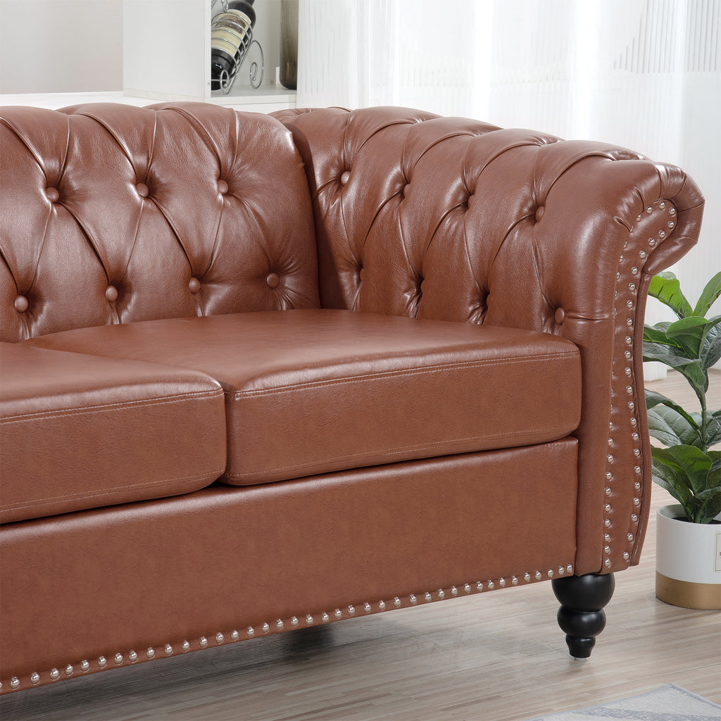 Classic Chesterfield Three Seater Sofa Brown PU Leather with Rolled Arms and Birch Legs 84.65 Inches - Grand Goldman Shop