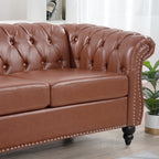 Classic Chesterfield Three Seater Sofa Brown PU Leather with Rolled Arms and Birch Legs 84.65 Inches - Grand Goldman Shop