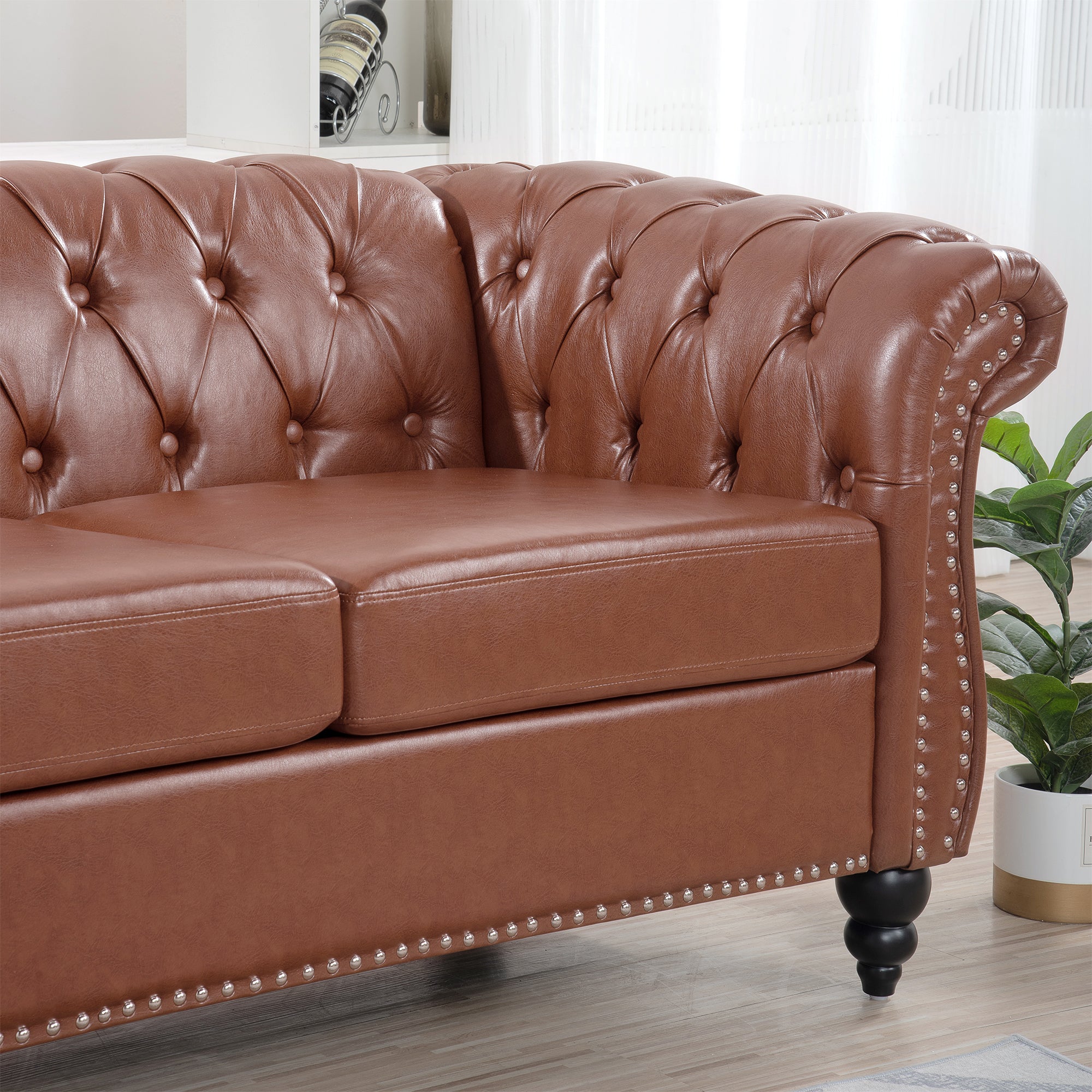 Classic Chesterfield Three Seater Sofa Brown PU Leather with Rolled Arms and Birch Legs 84.65 Inches - Grand Goldman Shop