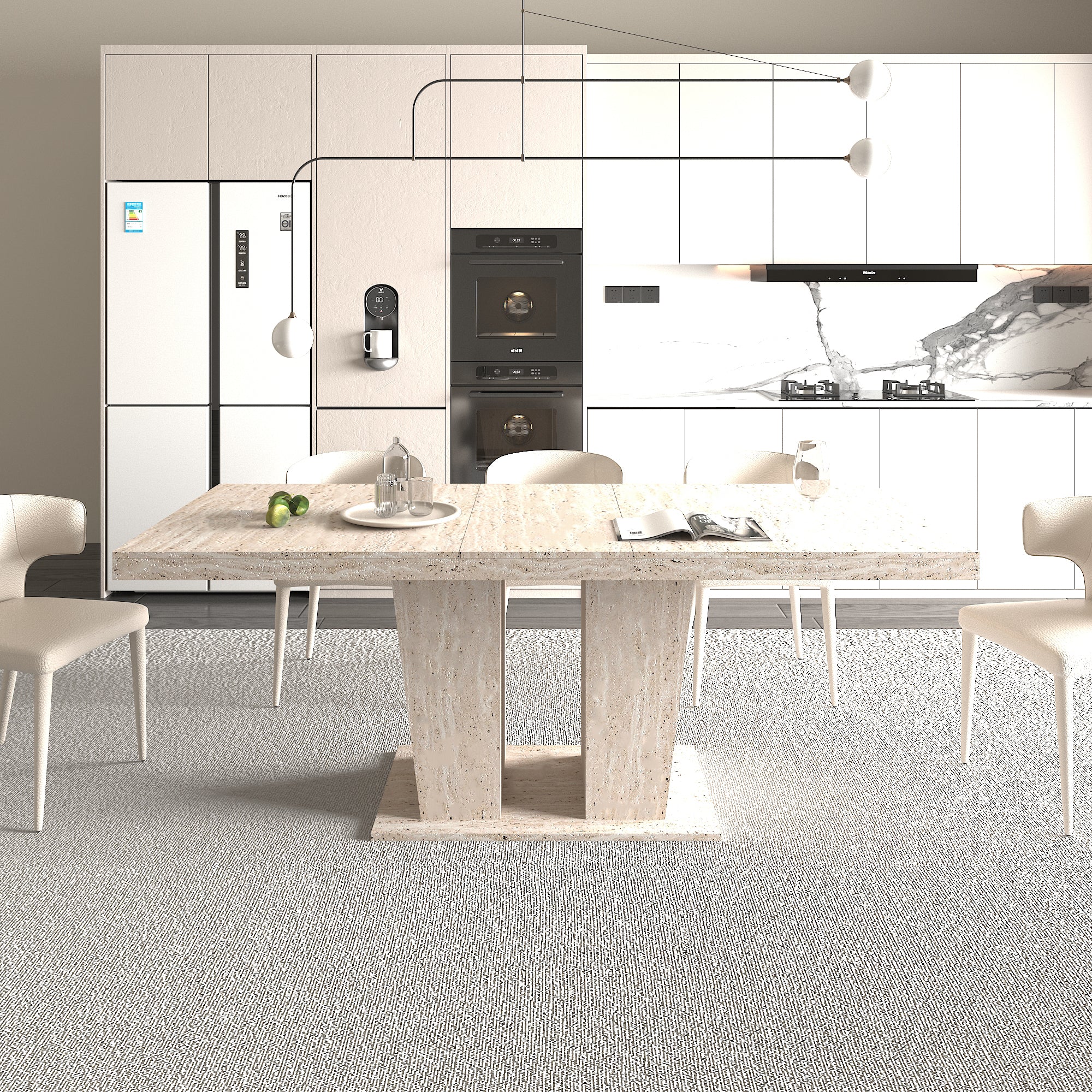 Rectangular extendable dining table, suitable for 6-10 people, with veined travertine pattern, dimensions 160-200 cm, simple and elegant. - Grand Goldman Shop