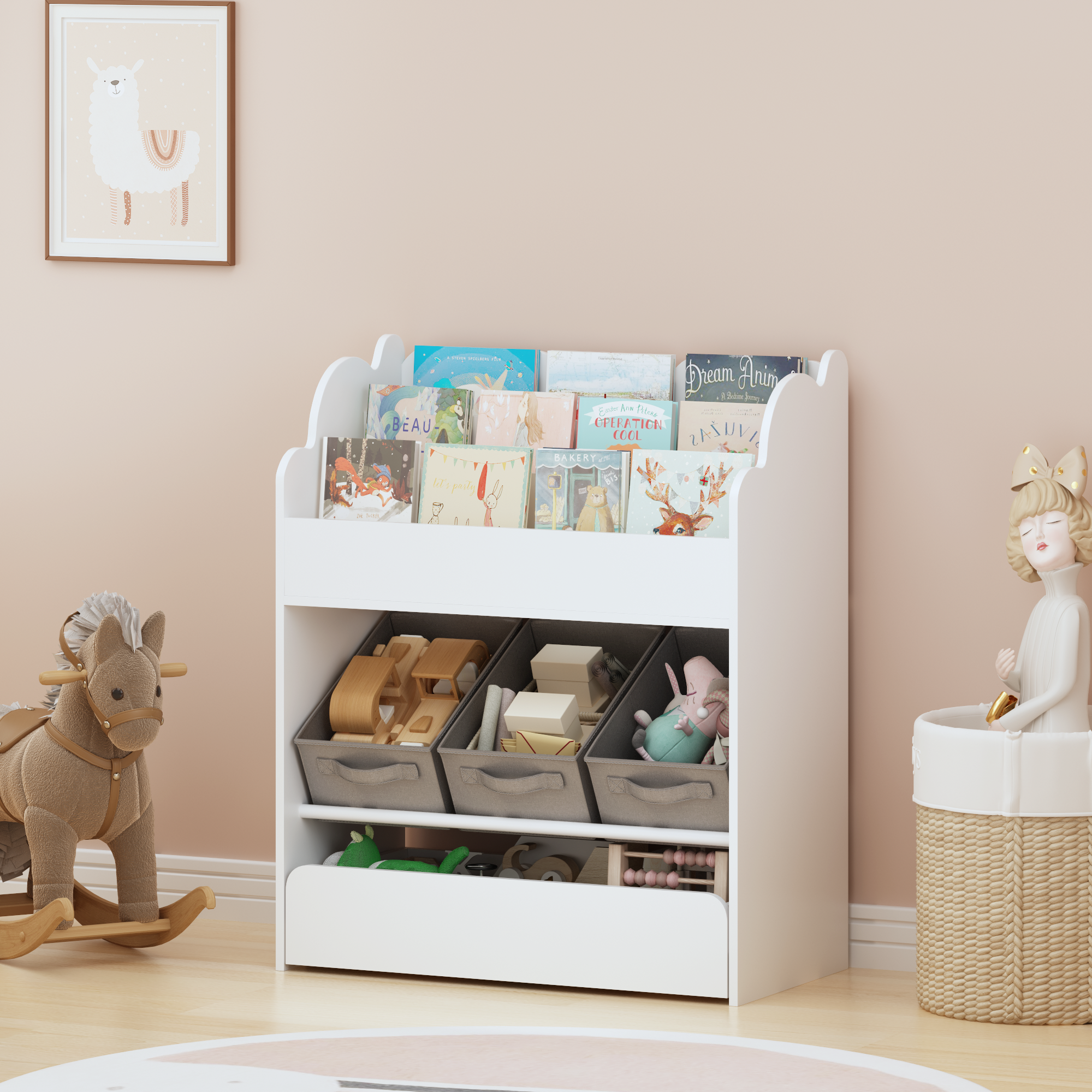 Kids Bookshelf with Storage Bins and Drawer, Multi-Functional Wooden Book Organizer for Toddlers, White Bookcase for Toys, Bo