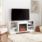 TV Stand Electric Fireplace  Glass Shelves, 3D Fireplace TV Stand with LED Lights Wood with USB Charging Outlet Modern Television Table Center for TV up to 62' White, 58''W*15.4''D*24.6 - Grand Goldman Shop