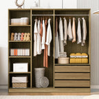 Doorless Wooden Storage Wardrobe for Dedroom with Shelves and 3 Drawers,Nature - Grand Goldman Shop