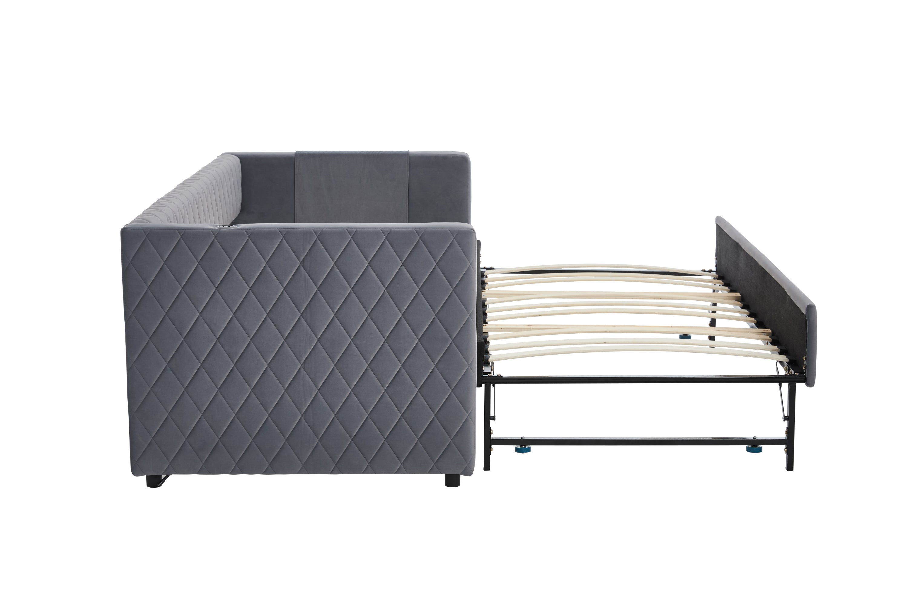 Grey velvet daybed, sturdy wooden bed frame, modern diamond grid pull-out design, perfect for bedroom, living room furniture - Grand Goldman Shop