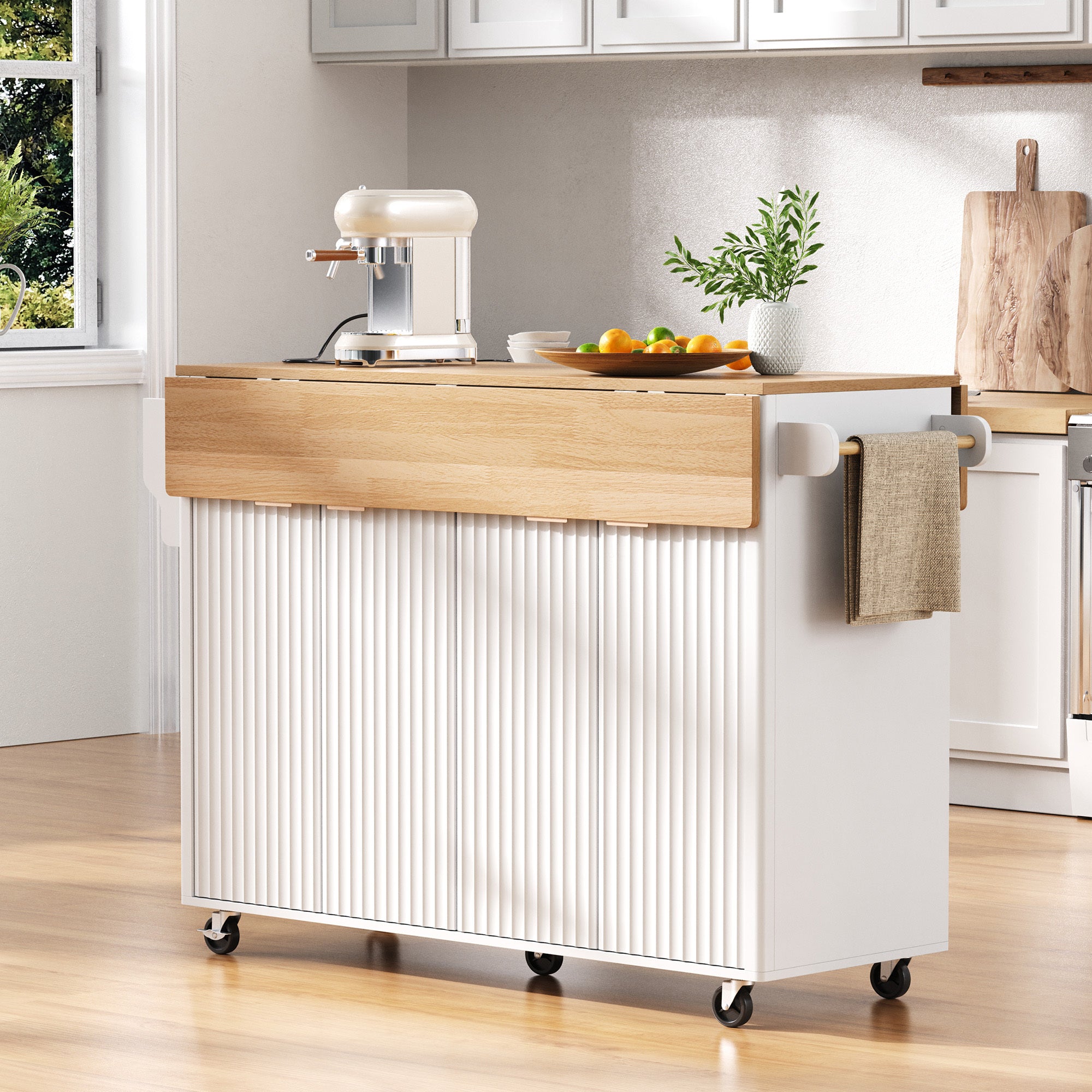 K&K 55.5' Fluted Kitchen Island with 2 Drop Leaf, Kitchen Storage Cart with Power Outlet, 4 Doors, Spice rack, Rolling Island Table with Wood-grain Top, Curved Edge for Kitchen, Dining Room,White - Grand Goldman Shop
