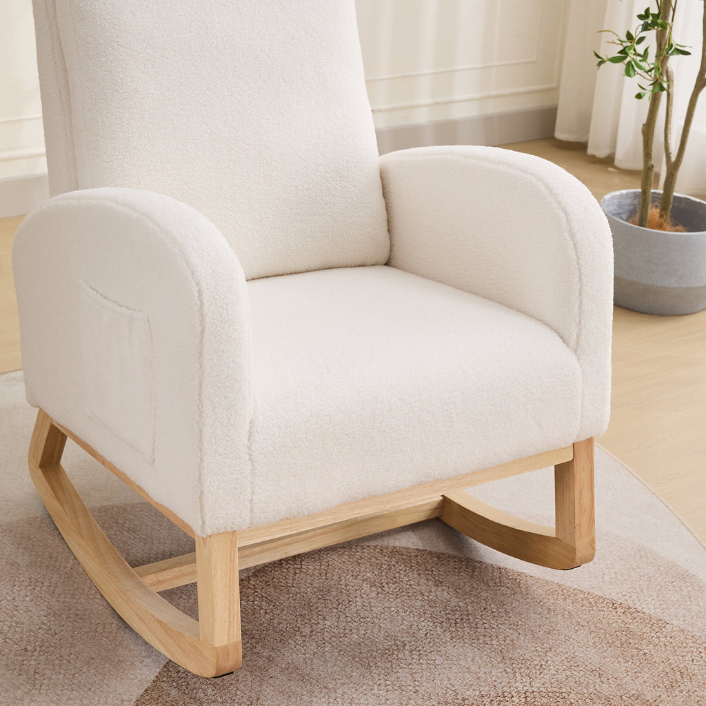 27.2'W Rocking Chair for Nursery, Sherpa Glider Chair with High Back and Side Pocket, Rocking Accent Armchair with Rubber Wood Legs for Living Room/Bedroom.Ivory - Grand Goldman Shop