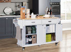 Kitchen Island with Rubber wood Countertop, Kitchen Cart on 5 Wheels with Storage Cabinet and 2 Top Drawers and A center double layered storage drawer for Dinning Room, White - Grand Goldman Shop