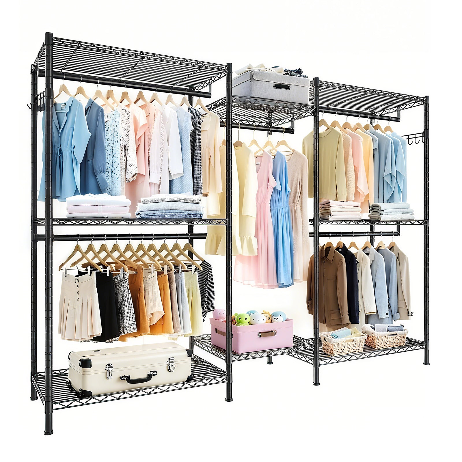 Heavy Duty Garment Rack With 8 Adjustable Wire Shelves and 5 Clothes Rails, Freestanding Closet Organizer, Black Metal - Grand Goldman Shop