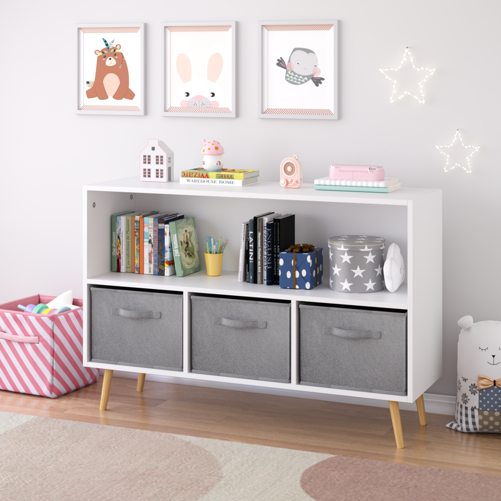 Kids Bookcase with Collapsible Fabric Drawers, Children's Book Display, Toy Storage Cabinet Organizer, White/Gray, MDF+Pine -