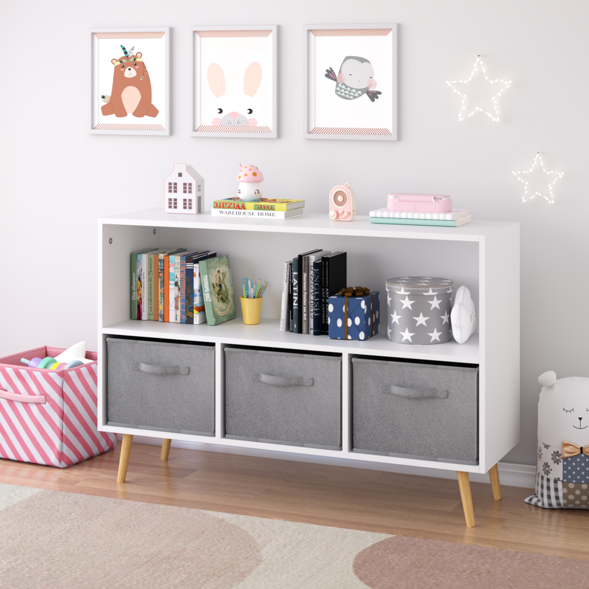 Kids Bookcase with Collapsible Fabric Drawers, Children's Book Display, Toy Storage Cabinet Organizer, White/Gray, MDF+Pine -