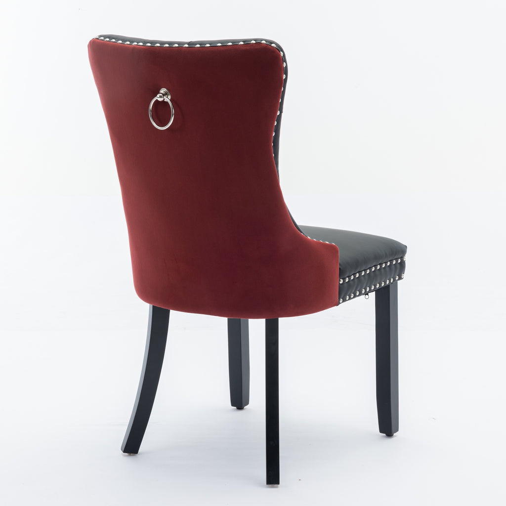 A&A Furniture, Nikki Collection Modern, High-end Tufted Solid Wood Contemporary PU and Velvet Upholstered Dining Chair with Wood Legs Nailhead Trim  2-Pcs Set, Black+WineRed, Burgundy,SW2101BW - Grand Goldman Shop
