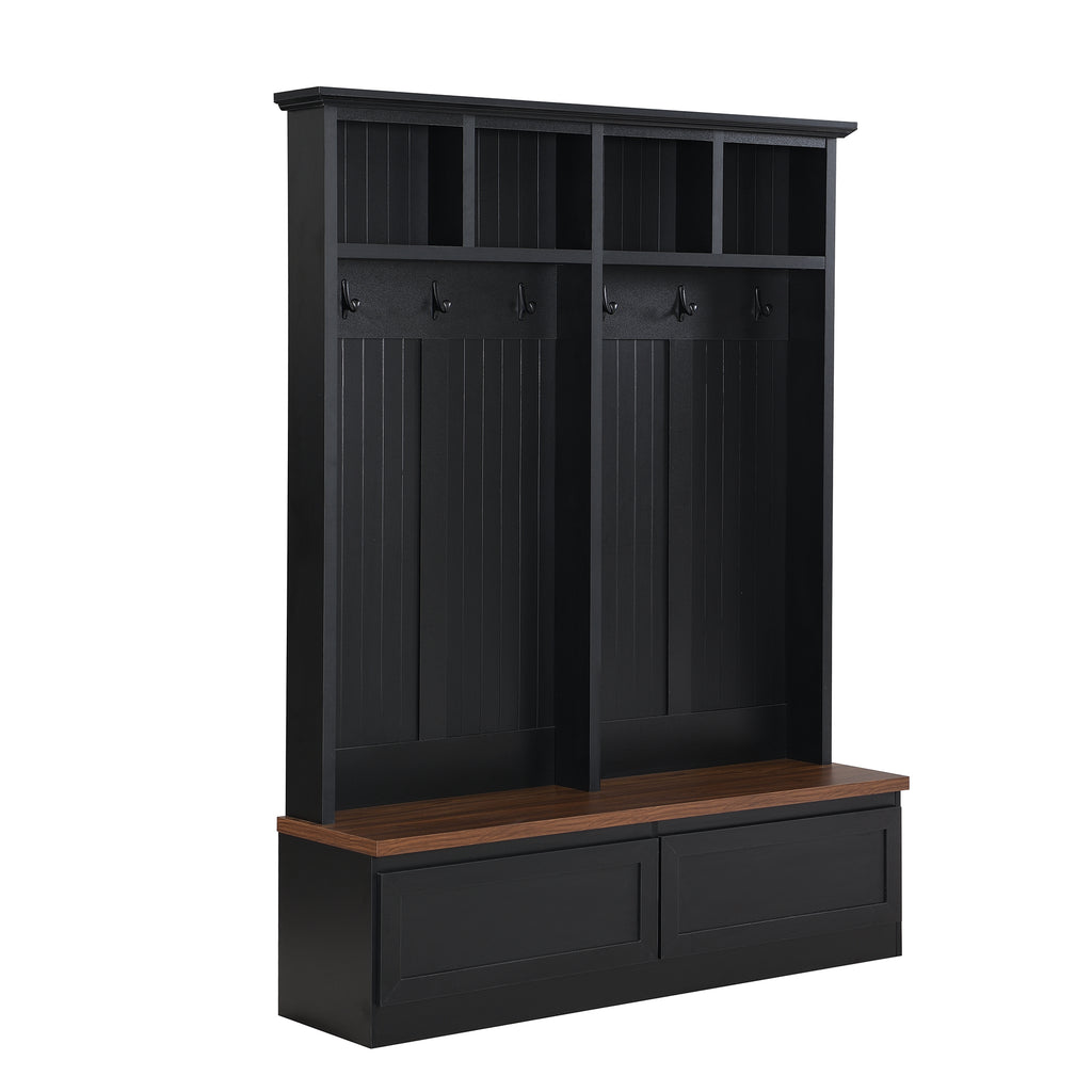 Farmhouse 4-in-1 Hall Tree with Wood Grain Bench, Mudroom Versatile Coat Rack with 2 Large Drawer, Entrance Organizer for Hallway, Living Room, Black, 55.9'W (OLD SKU: N721P313099B) - Grand Goldman Shop