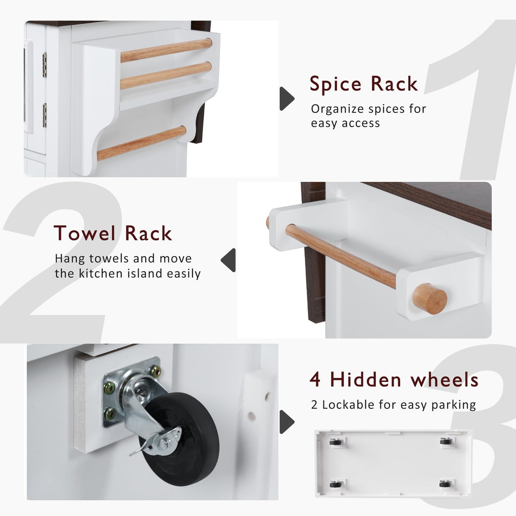 K&K 54.9' Kitchen Island with Drop Leaf, Power Outlet, Kitchen Storage Cart with 4 Door Shelves, Cross Barn Doors & Visual Glass Door, Rolling Kitchen Island on 4 Wheels for Kitchen, Dining Room,White - Grand Goldman Shop