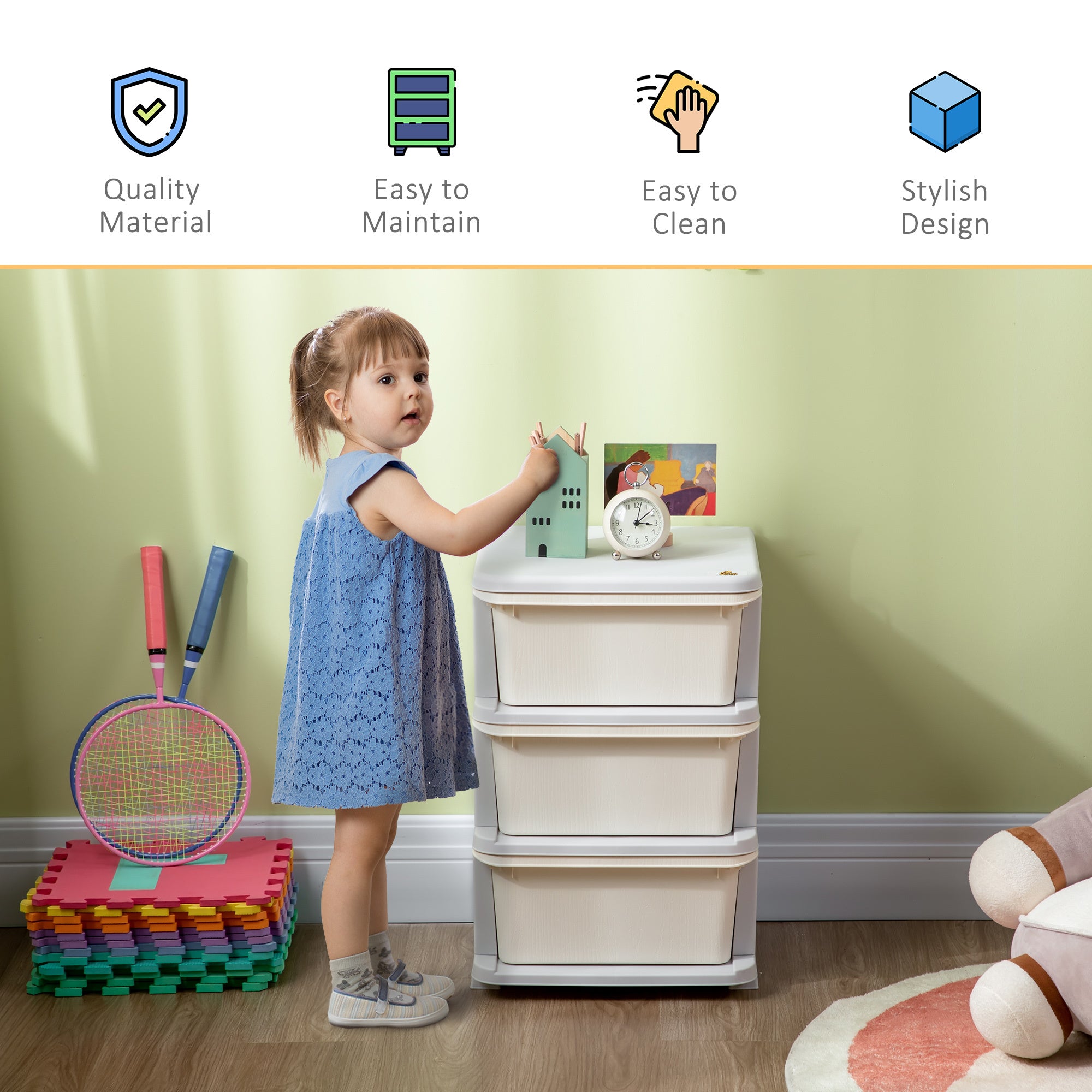 Qaba 3 Tier Kids Storage Unit, 3 Drawer Chest Toy Organizer Plastic Bins for Kids Bedroom Nursery Kindergarten Living Room fo