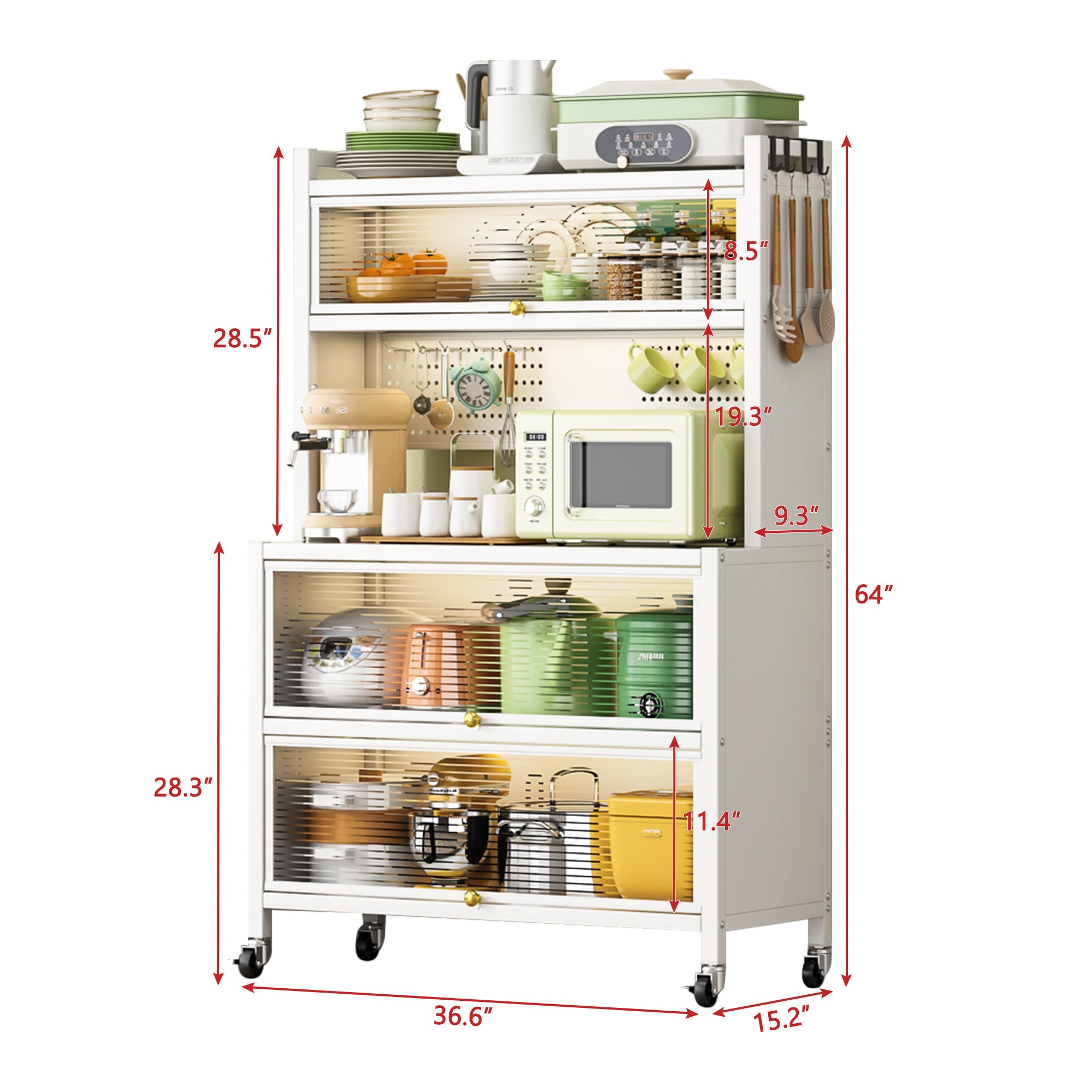 65'' Tall Kitchen Bakers Rack with Flip Door Cabinet, 5 Tier Multifunctional Microwave Stand Buffet, Coffee Bar, Kitchen Pantry Storage Cabinet Shelf, Quick Assembly, White - Grand Goldman Shop