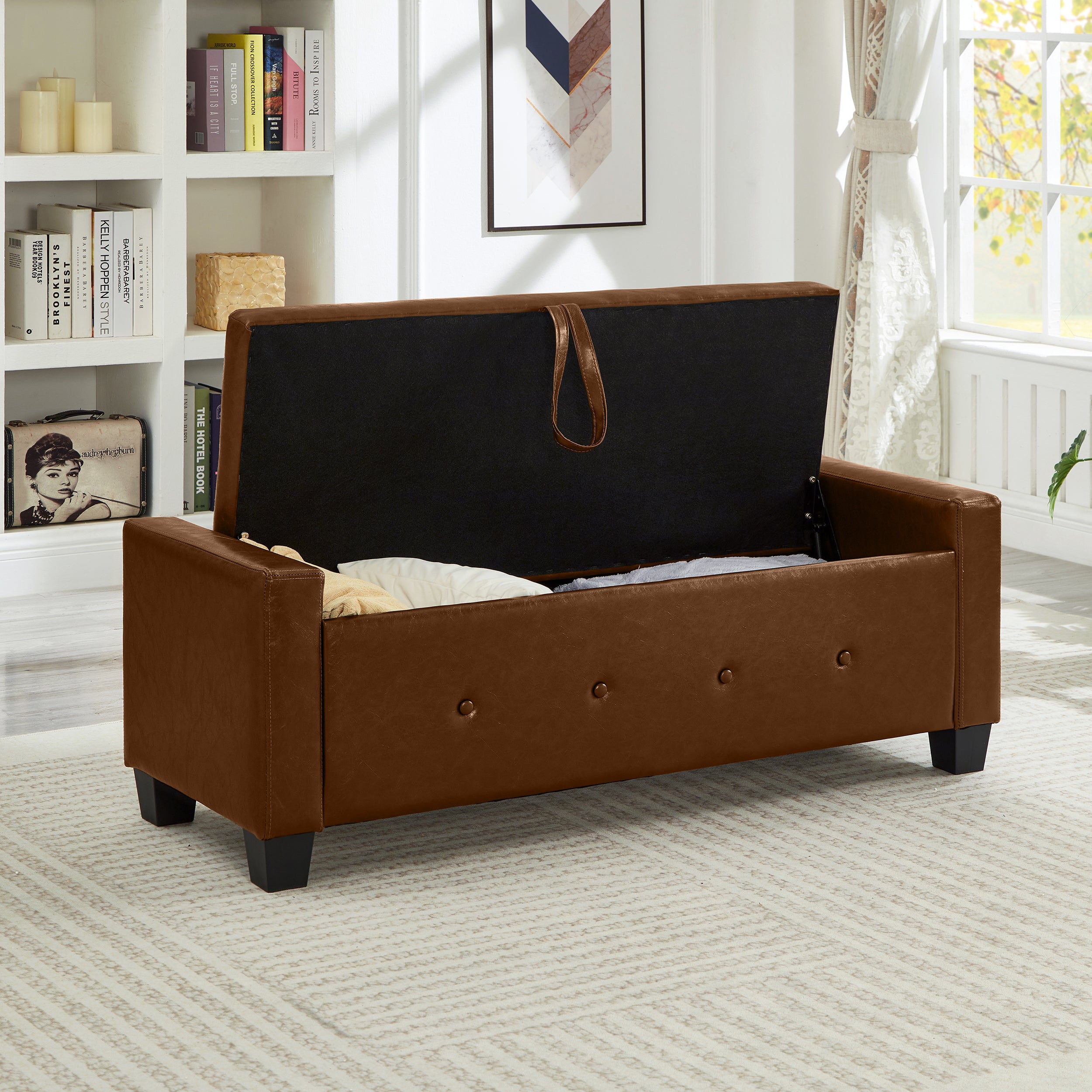 48' Ottoman Bench with Storage, Bench for Bedroom,Living Room,Hallway, Upholstered Tufted Faux Leather PU Ottoman Brown - Grand Goldman Shop