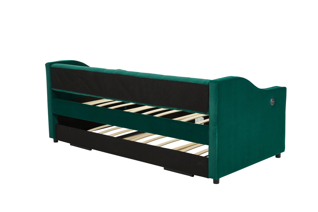 Twin Size Upholstered Daybed with Trundle,USB Port ,Side Pockets,Velvet Daybed with Button on Back and Piping on Waved Shape Arms for Bedroom Guest Room - Grand Goldman Shop
