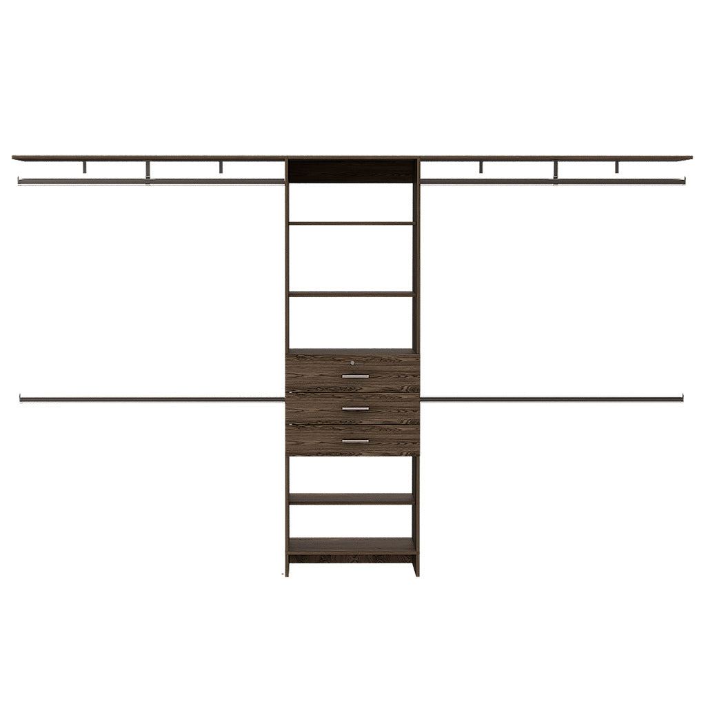 Plego 69'W - 118'W Drawers Closet System, Five Shelves, Four Hanging Rods, Three Drawers -Dark Walnut - Grand Goldman Shop