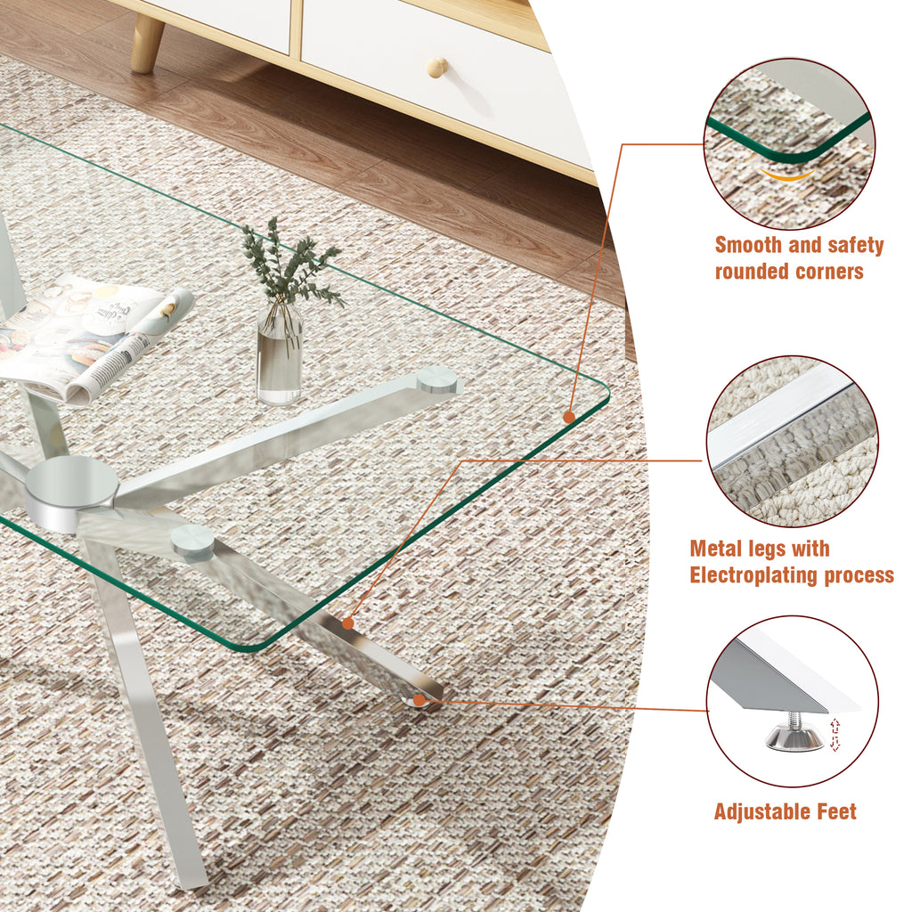 39.37' Rectangular Clear Tempered Glass Coffee Table,Stylish Design with silver Metal Legs, Coffee Table for Living Room - Grand Goldman Shop